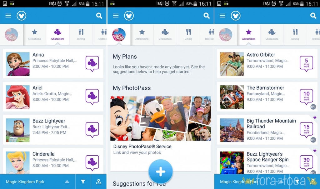 algumas telas do aplicativo da Disney, na parte de baixo você pode selecionar o parque que deseja