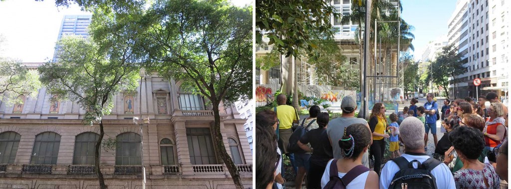 detalhe do museu de belas artes e o pessoal reunido no Palácio Capanema 