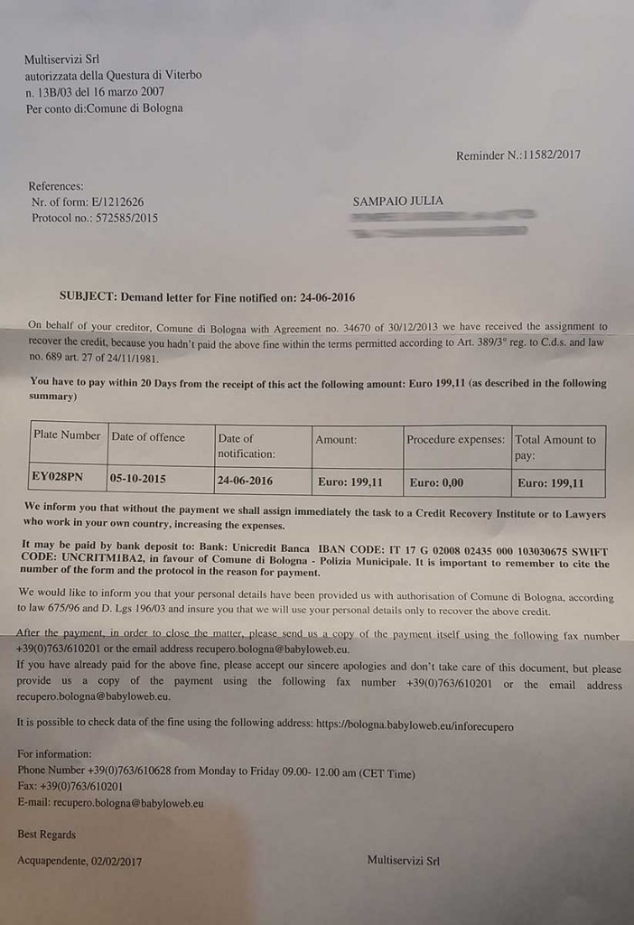 Carta da multa ocorrida em Bolonha